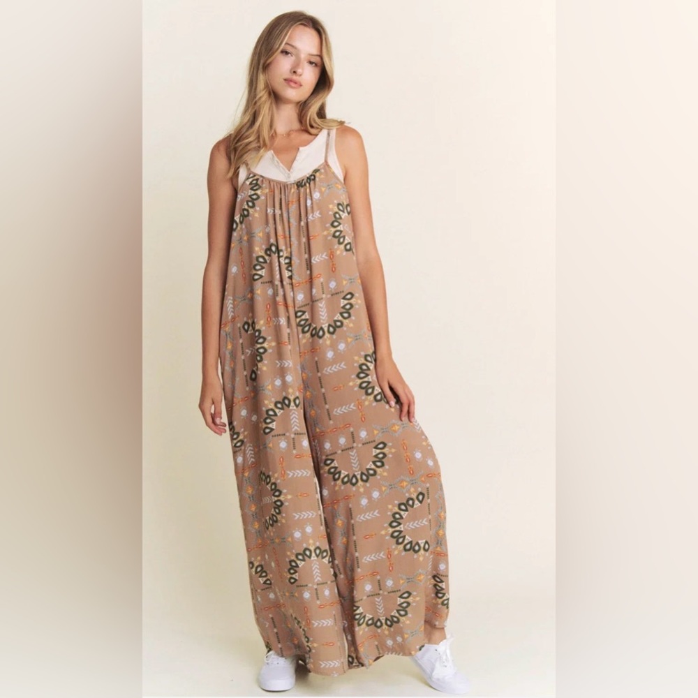 Jade By Jane Boho Aztec Print Wide Leg Sleeveless Jumpsuit in Tan With Pockets - Picture 4 of 10